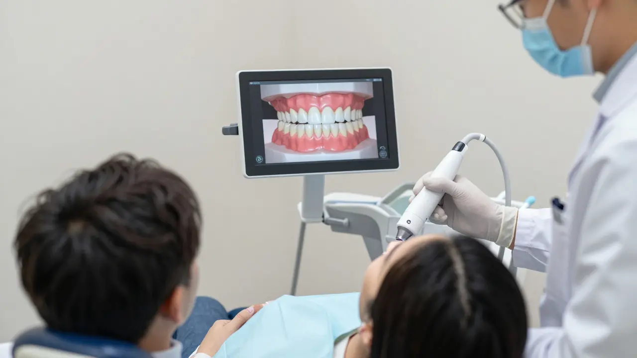 Dentist performing a 3D scan of a patient's teeth for custom veneers in a modern clinic.