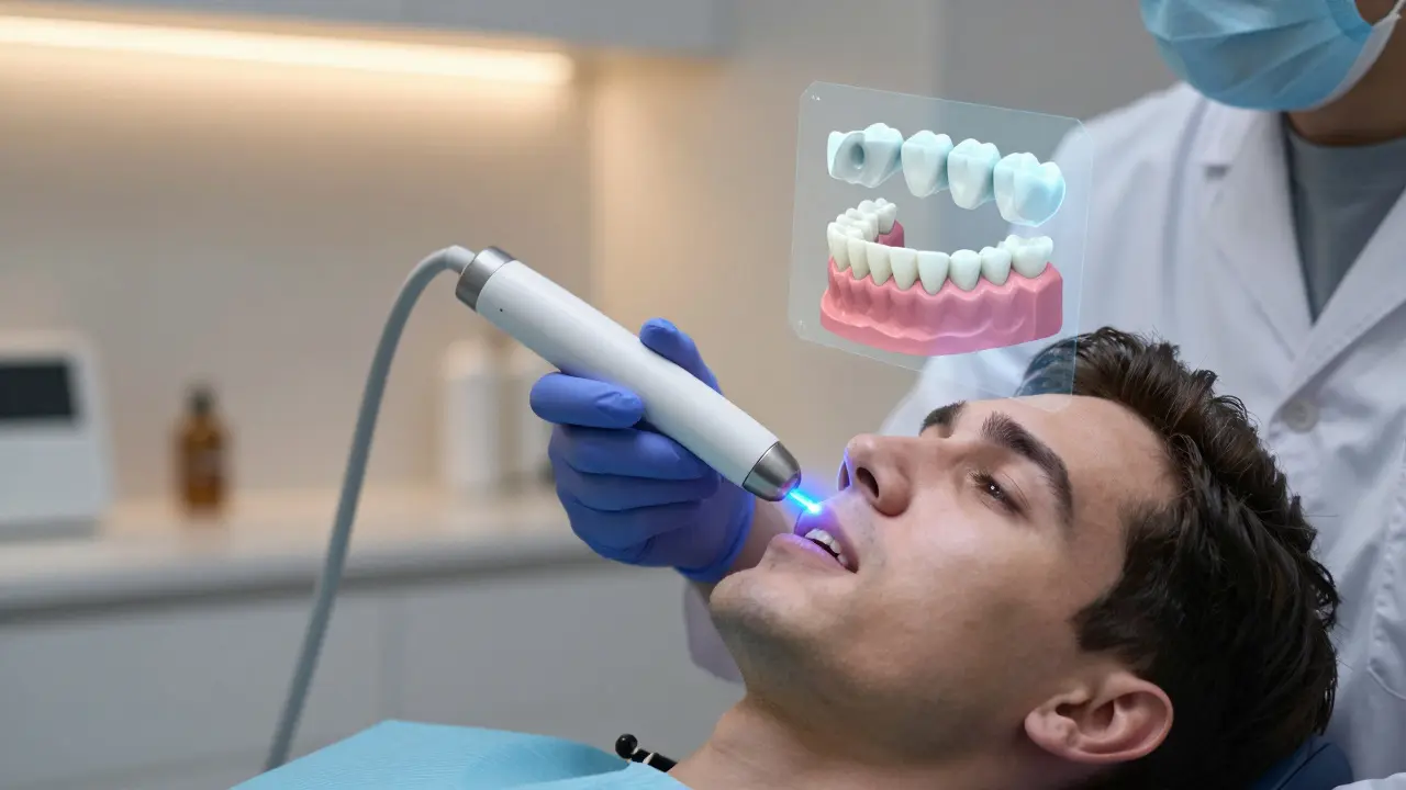 Dentist using a digital intraoral scanner to create a 3D model of a tooth.