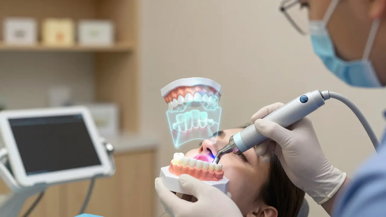 Dentista používá digitální skener k vytvoření 3D modelu zubů, zatímco se nad jimi objevuje holografický obraz keramické korunky.