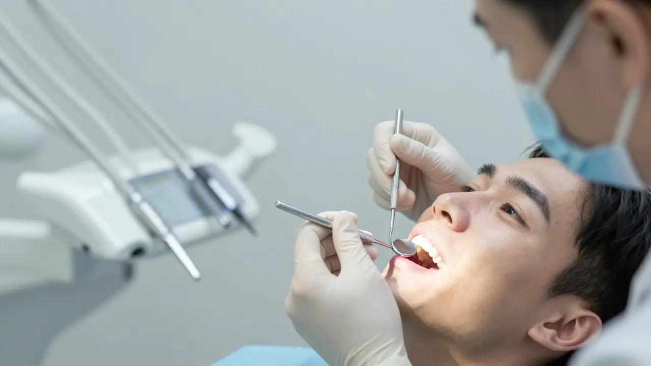 Dentista prohledává zuby pacienta v ordinaci