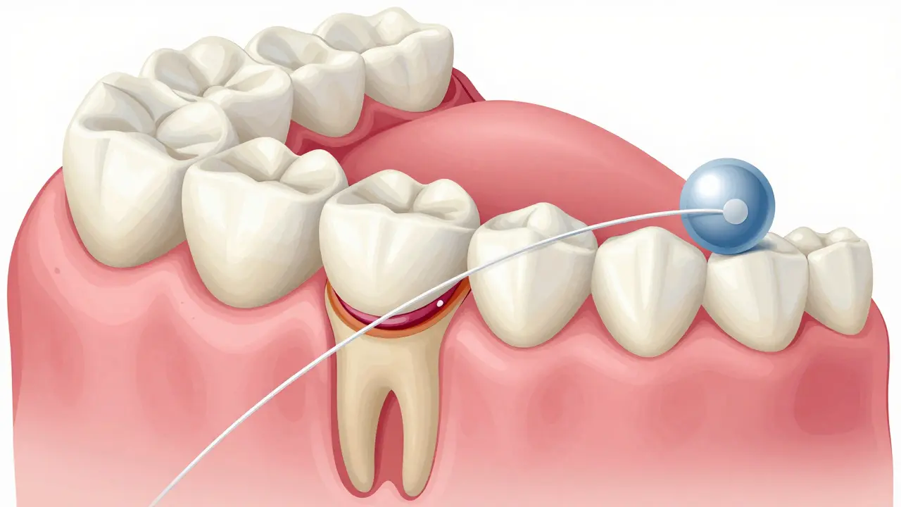Detail zubního kazu mezi zuby s fluoridem a zubní nití, znázorňující prevenci kazu.