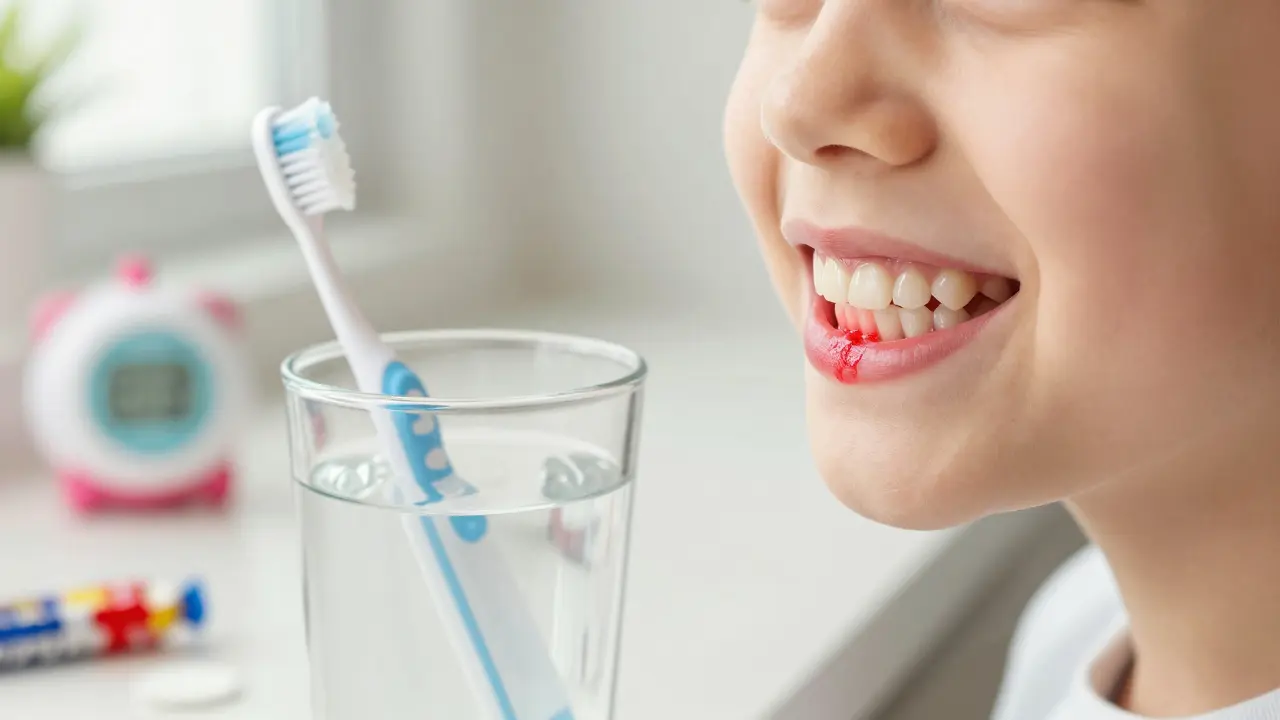 Dětský kartáček a sklo s barvivem, které barevně zvýrazňuje plak na zubech.