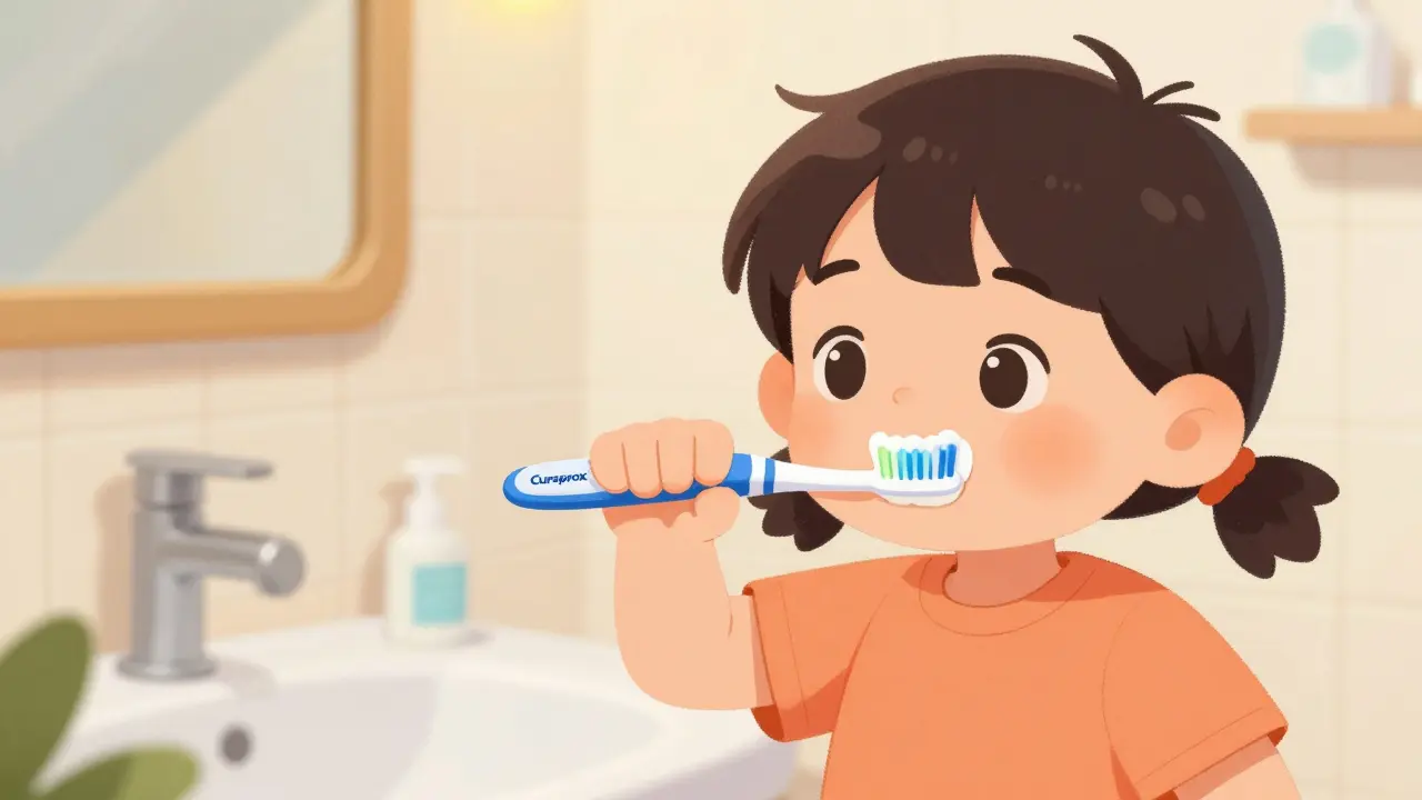 Dítě čistí zuby Curaprox CPS Junior s malou hlavičkou.