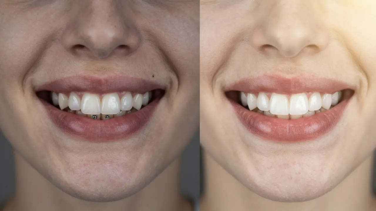 Dvě strany: jedna ukazuje špatně vypadající zuby s kovovými náhradami, druhá ozářenou ústní dutinu s přirozenými keramickými zuby.