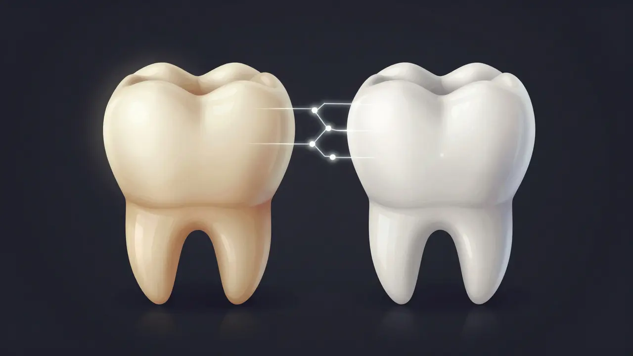 Dvě zuby vedle sebe: jeden žlutý se skvrnami, druhý světlejší po bělení s vize chemického účinku.