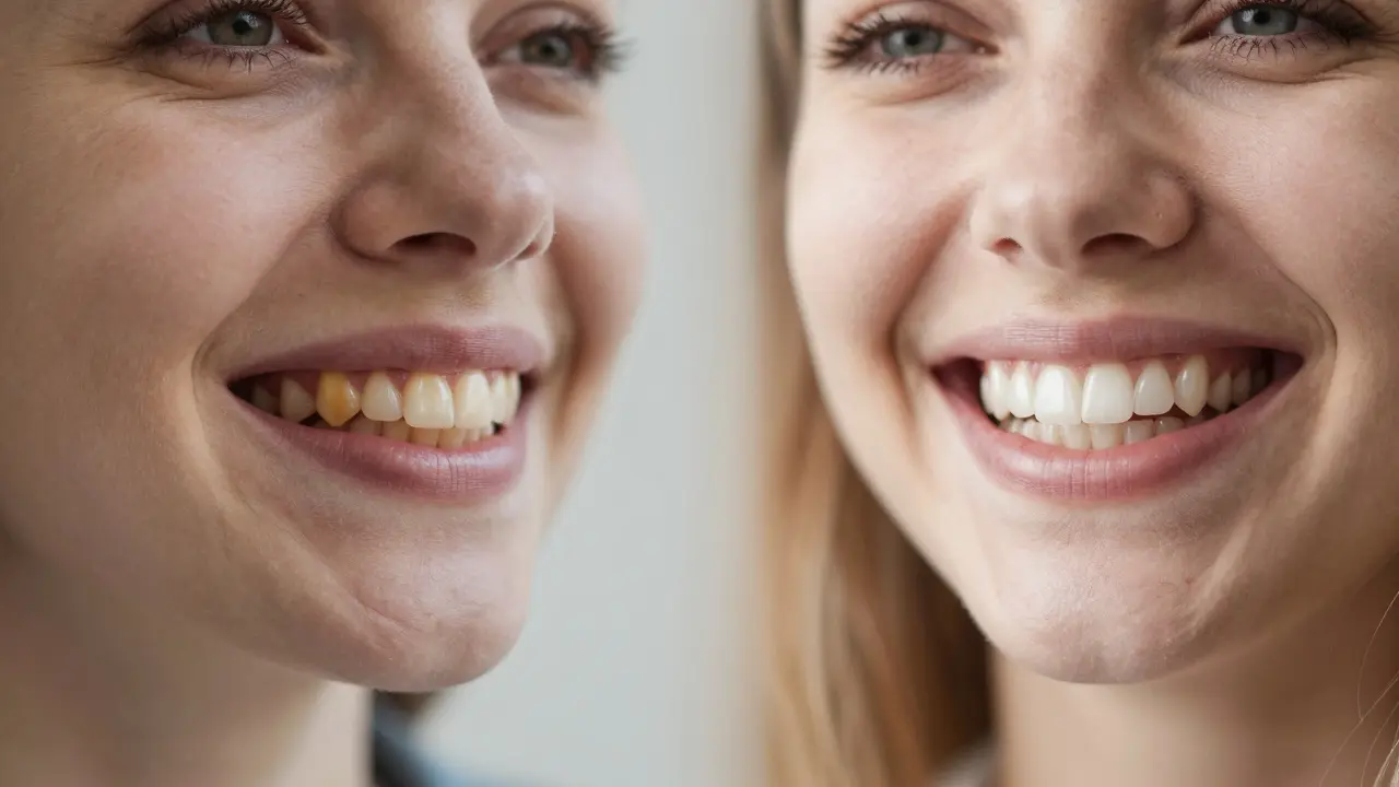 Dvojitá scéna: jedna strana ukazuje nejistý výraz s nekrásnými zuby, druhá strana ukazuje svobodný smích s dokonalými fazetami.