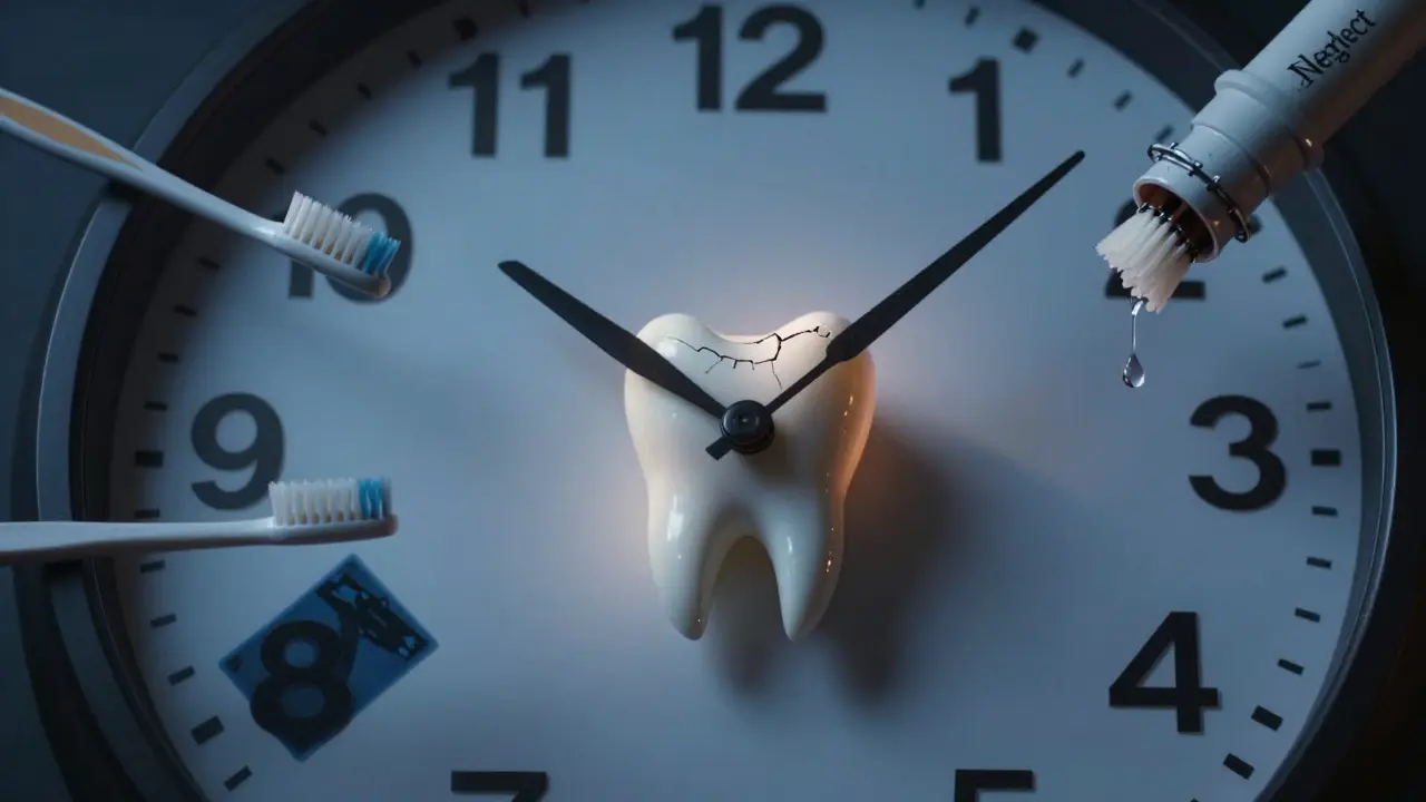 Hodiny s ozubenými ručičkami symbolizují čas a následky nepřerušeného předkusu.