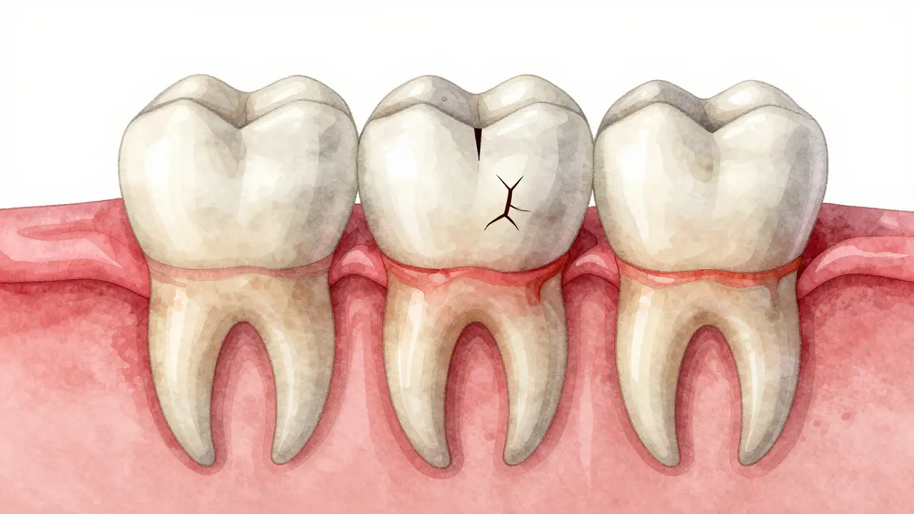 Křížový řez zubu s inflamovanou púští a přetíženou korunkou.