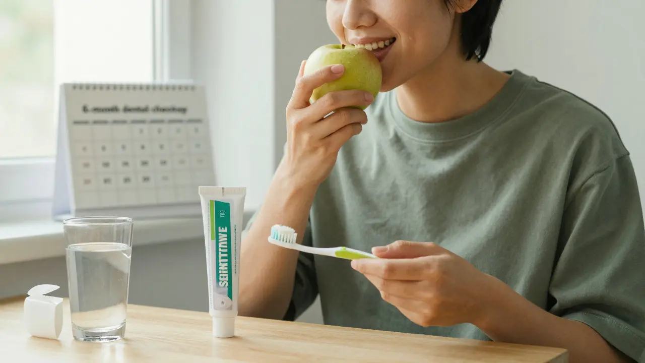 Osoba klidně jí jablko s měkkým štětcem a pastou pro citlivé zuby, symbolizující zdravou každodenní péči o zuby.