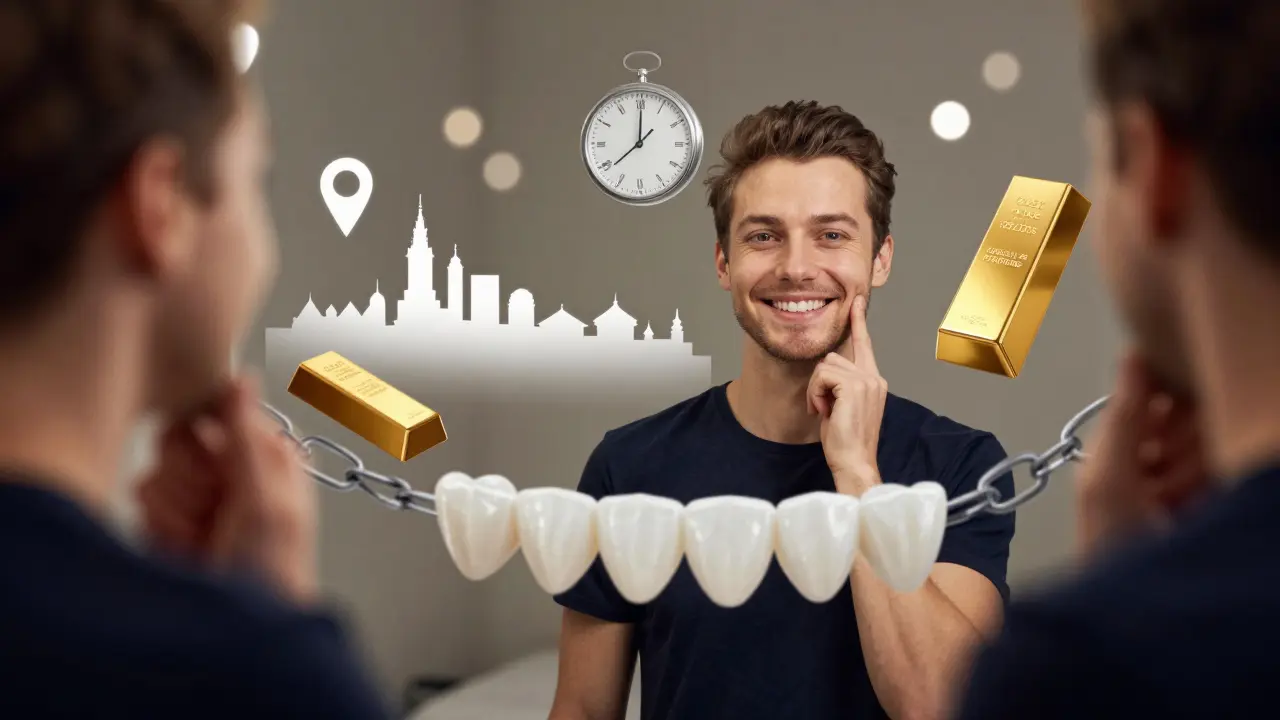 Person smiling in front of a mirror with floating symbols representing cost factors of dental veneers.