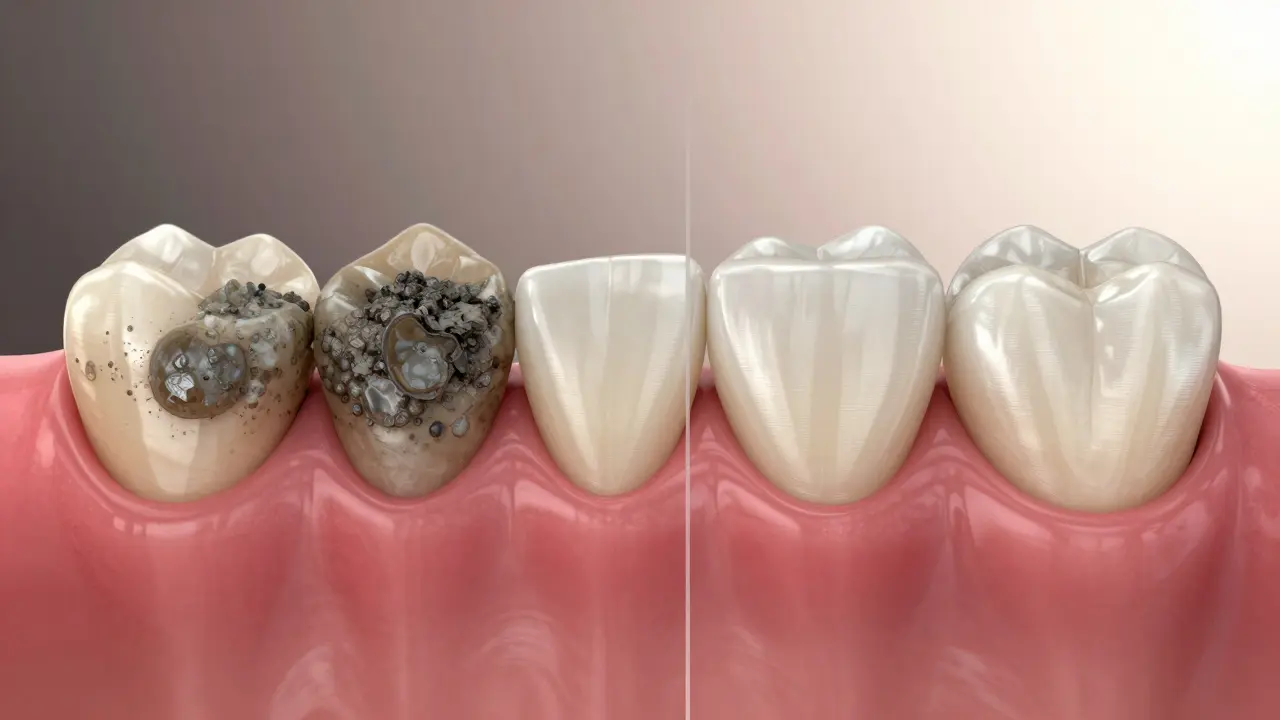 Porovnání zubu s zubním kamenem a po očištění — zdravá dásň a sklovin.