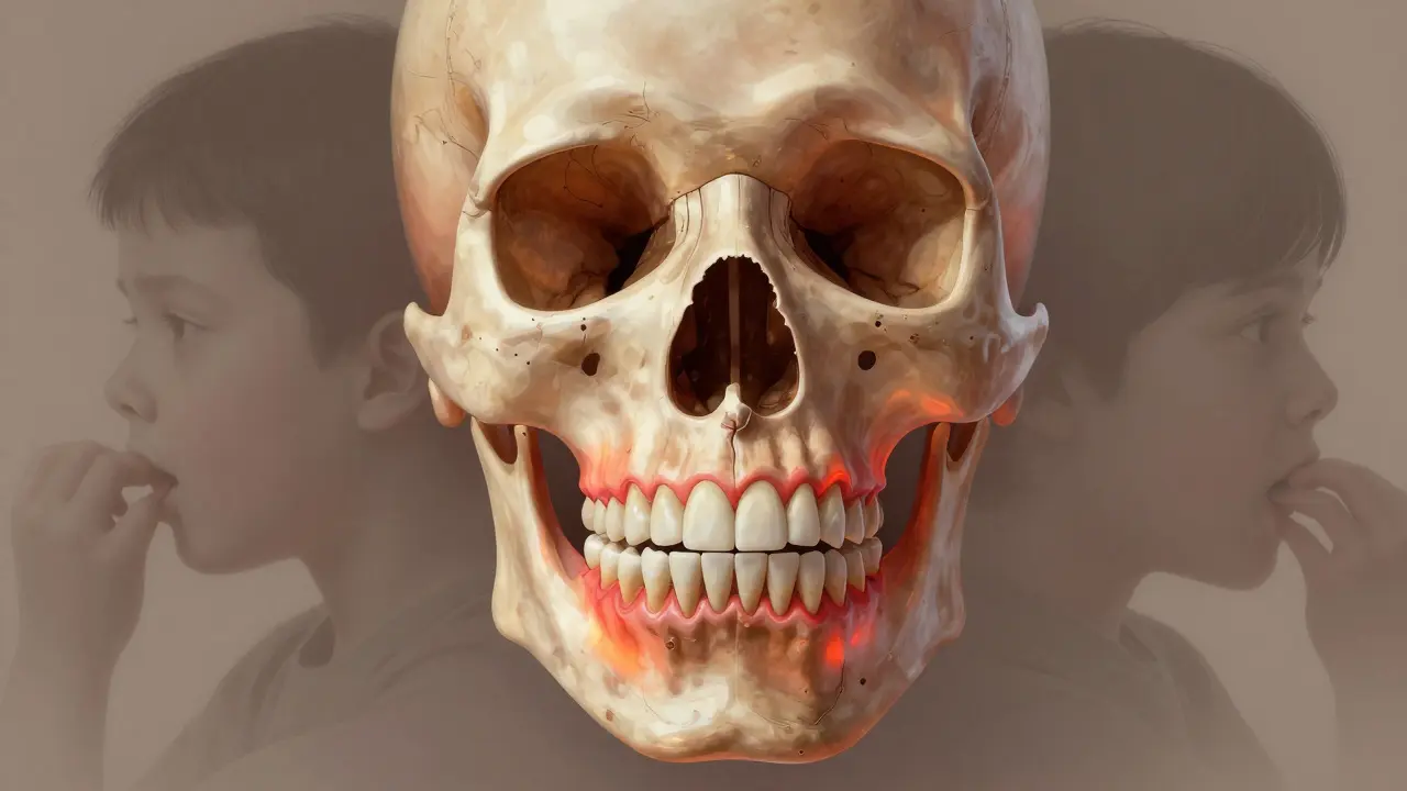 Přehled lidské lebky s vyznačenými místy přílišného zatížení zubů.