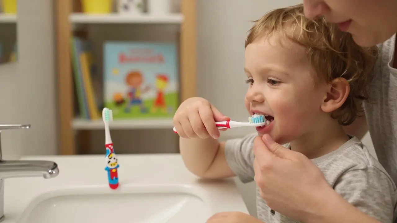Rodič čistí zuby malé dítěti s malou dávkou pasty a hračkou ve tvaru superhrdiny.