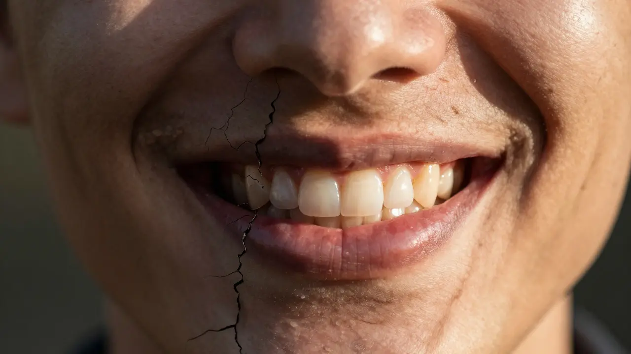 Rozdělený úsměv: poškozený zub na levé straně a napravený zub na pravé straně s přirozeným vzhledem.