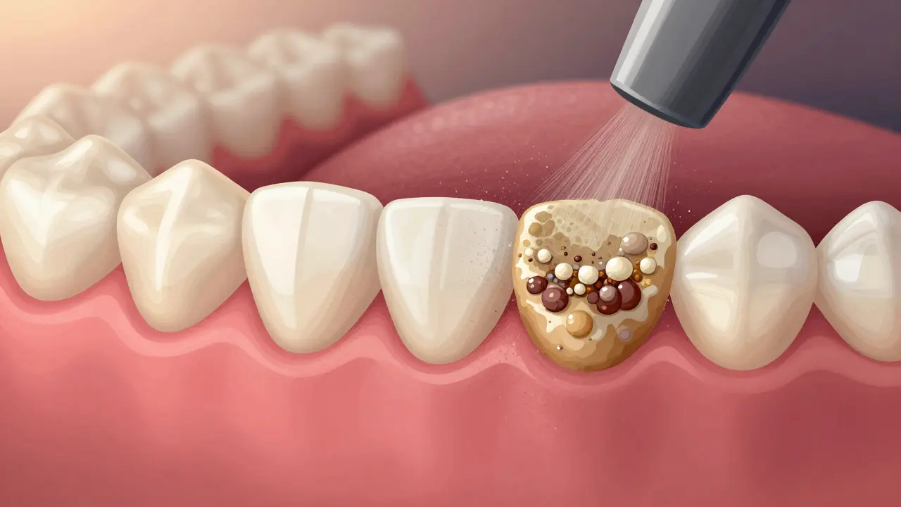 Srovnání zubního kamene a čistých zubů s detailním zobrazením nánosů u dásní.