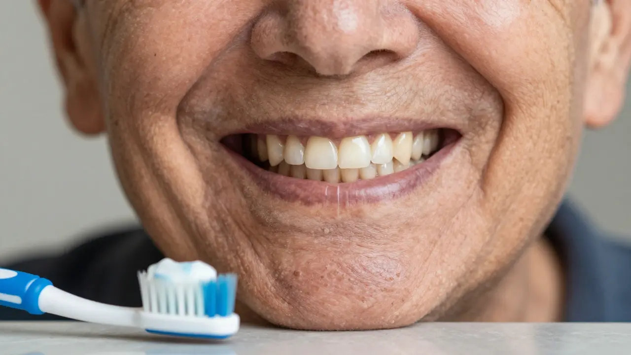 Starší člověk se zachovanými vlastními zuby.