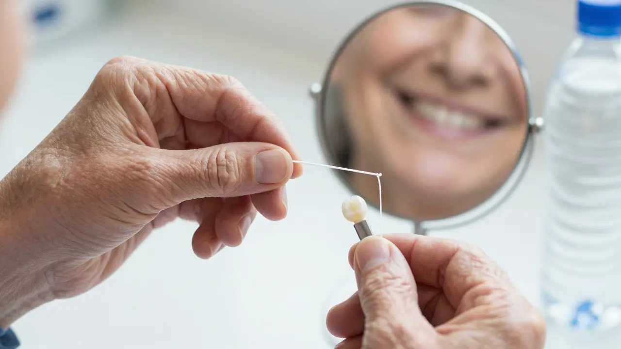 Starší osoba dbá o ústní hygienu, nahrazuje starou výplň novou keramickou.