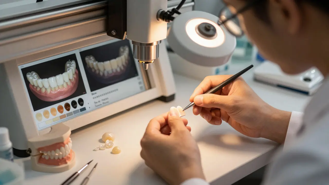 Technik v zubní laboratoři vyrábí keramické vložky pomocí CNC frézování.
