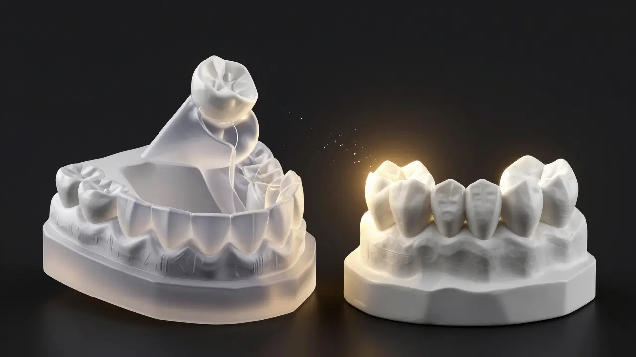 Transformation from silicone dental impression to gypsum model of a tooth.
