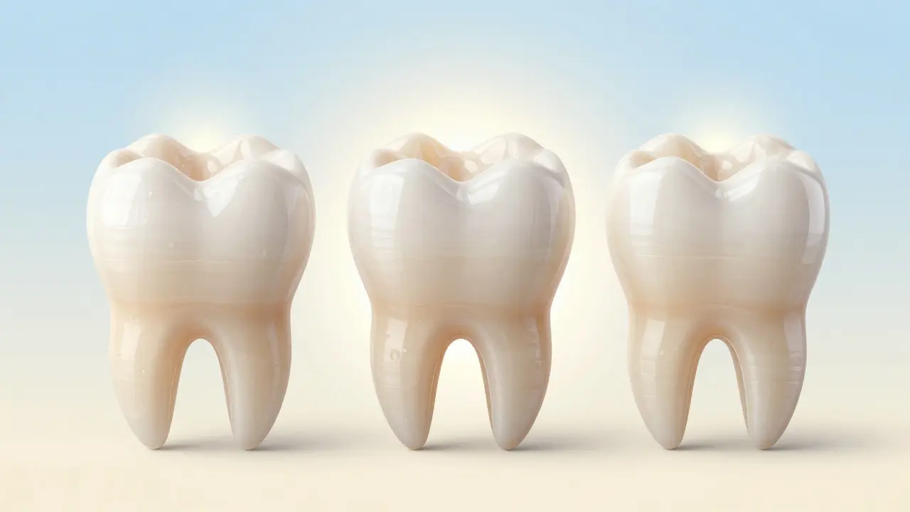 Tři druhy oprav předního zubu: kompozitní plomba, keramická vložka a zirkoniová korunka na modelu zubu.