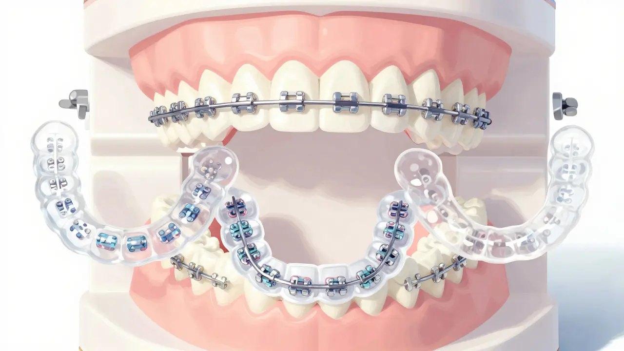 Tři typy zubních rovnátek na modelu