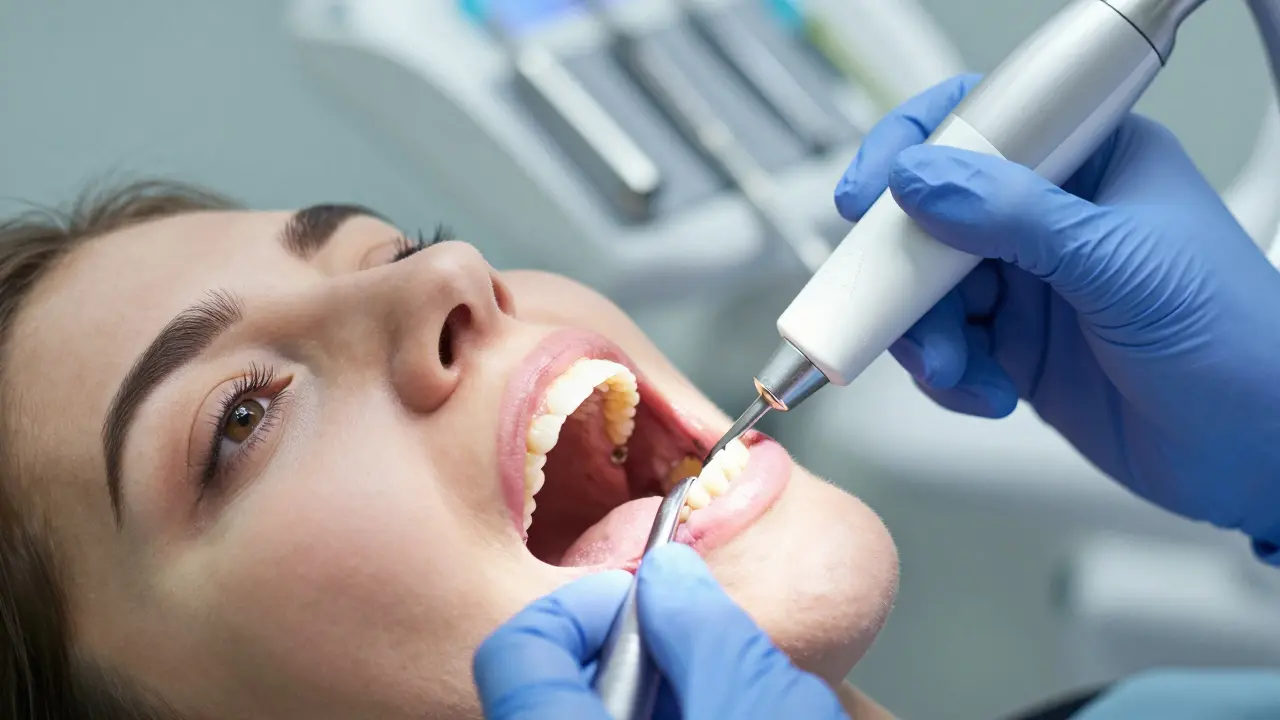 Zubní hygienistka odstraňuje zubní kámen ultrazvukovým přístrojem.