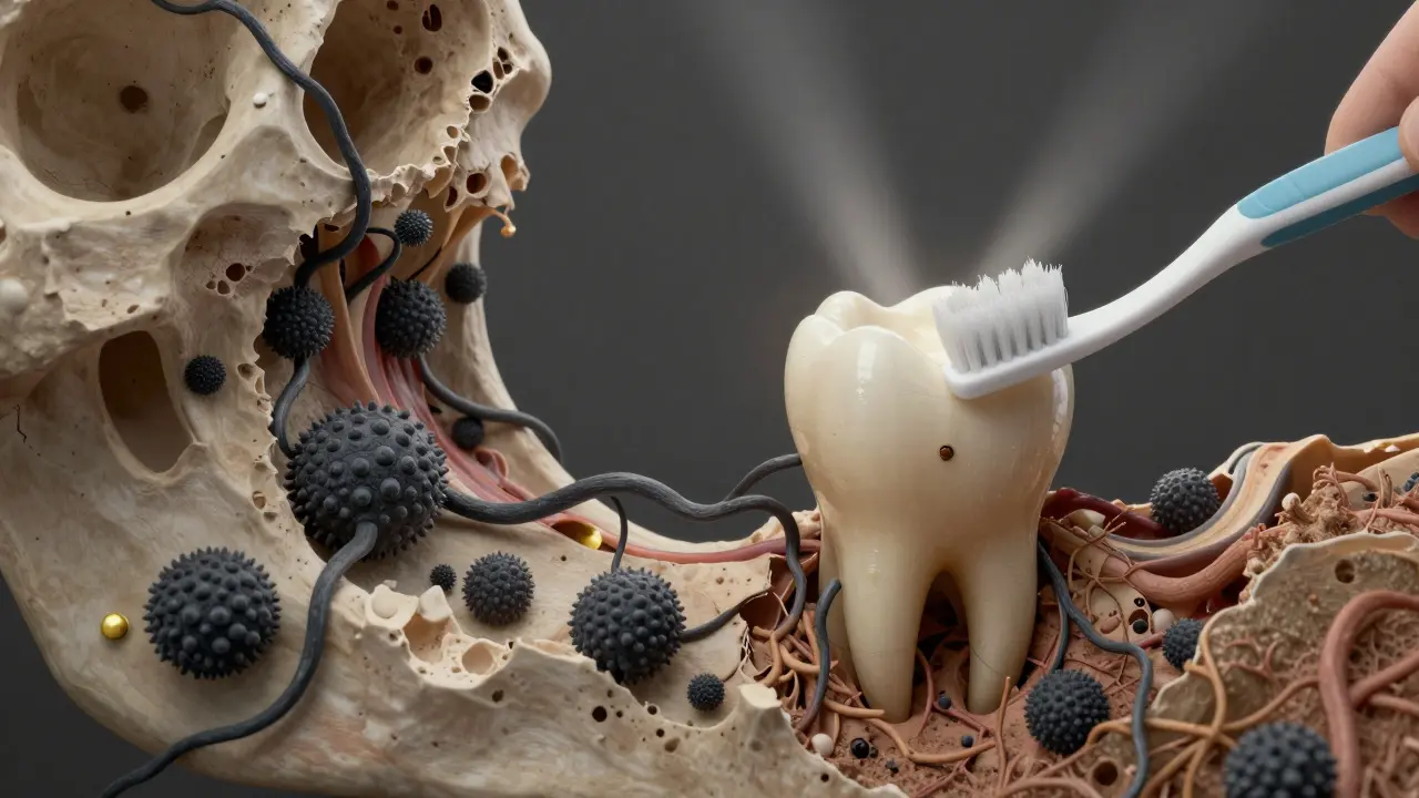 Zubní kořen zaniká v ničené kosti, zatímco kartáček zabraňuje šíření bakterií.