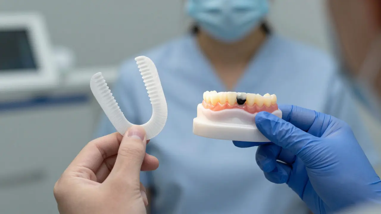 Zubní lékař drží bělicí pásku vedle výřezu z rentgenového snímku s plombou a přirozeným zubem.