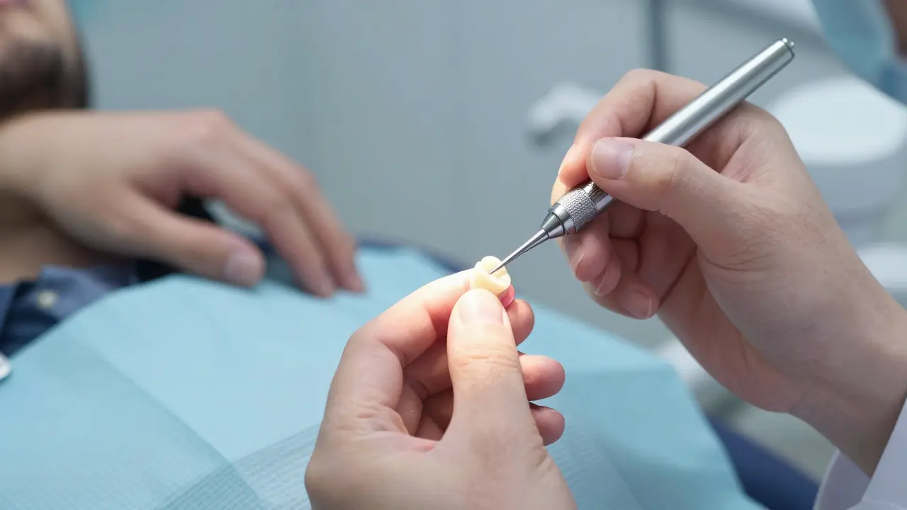 Zubní lékař přilepuje tenkou keramickou fazetu na přední zub s přesnými nástroji, pacient klidně sedí.