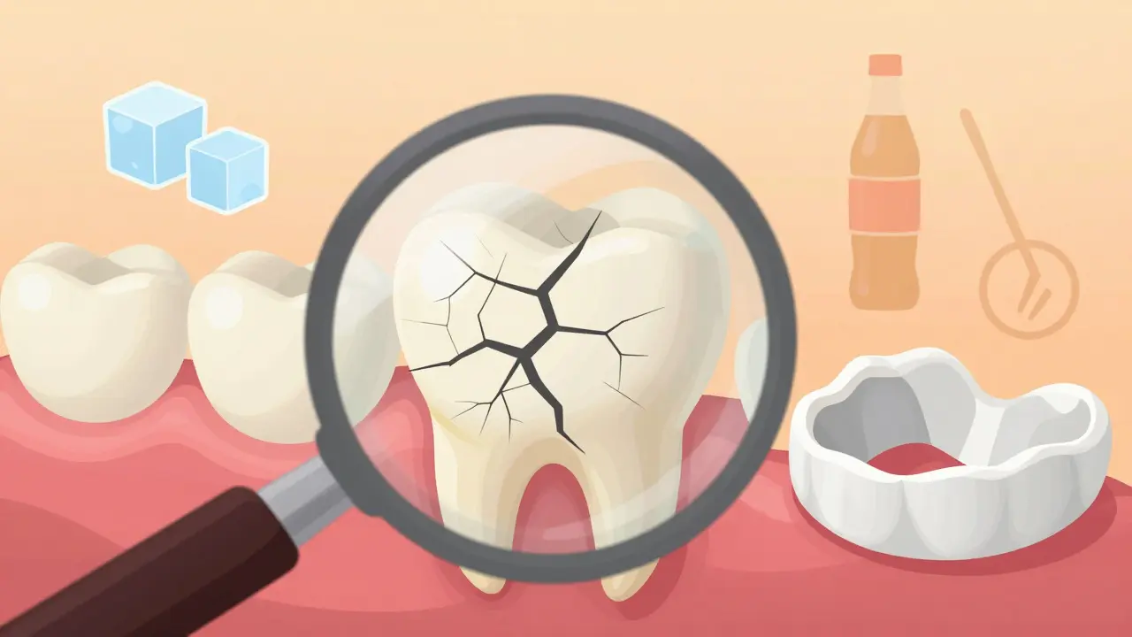 Zvětšený pohled na prasklinu v zubní sklovině s příznaky špatných návyků kolem.