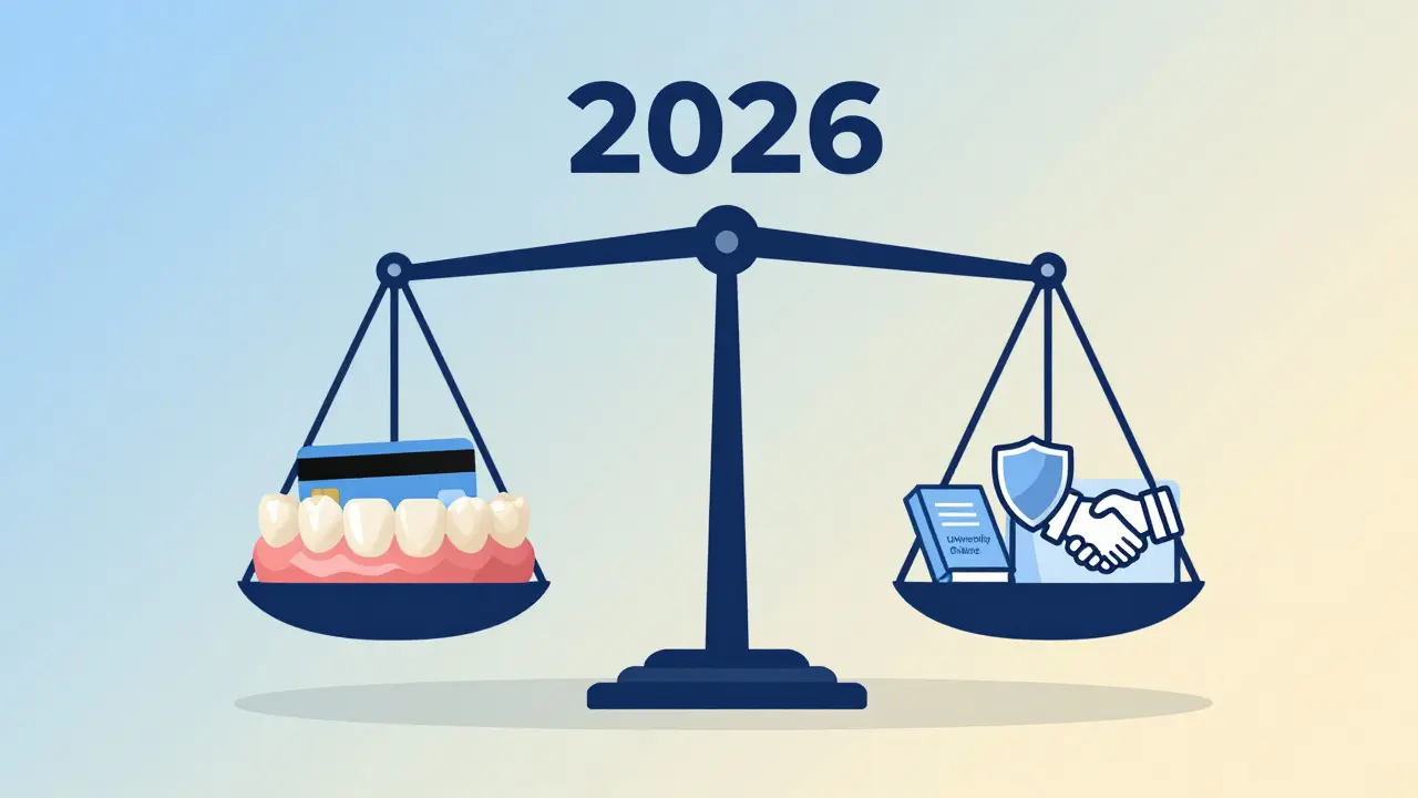 Balanced scale showing payment options for ceramic dental crowns: insurance, installments, clinic, loan.