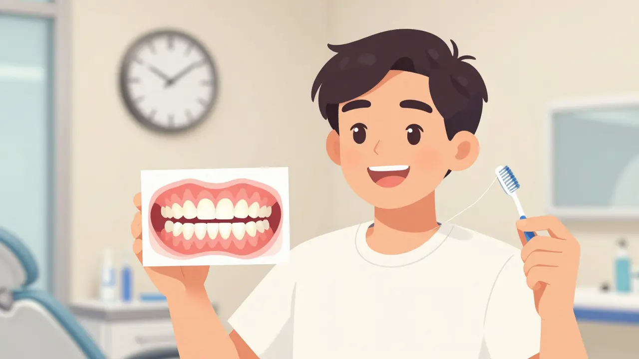 Člověk se usmívá v zubní klinice, symbolizující zdravé zuby a pravidelné preventivní prohlídky.