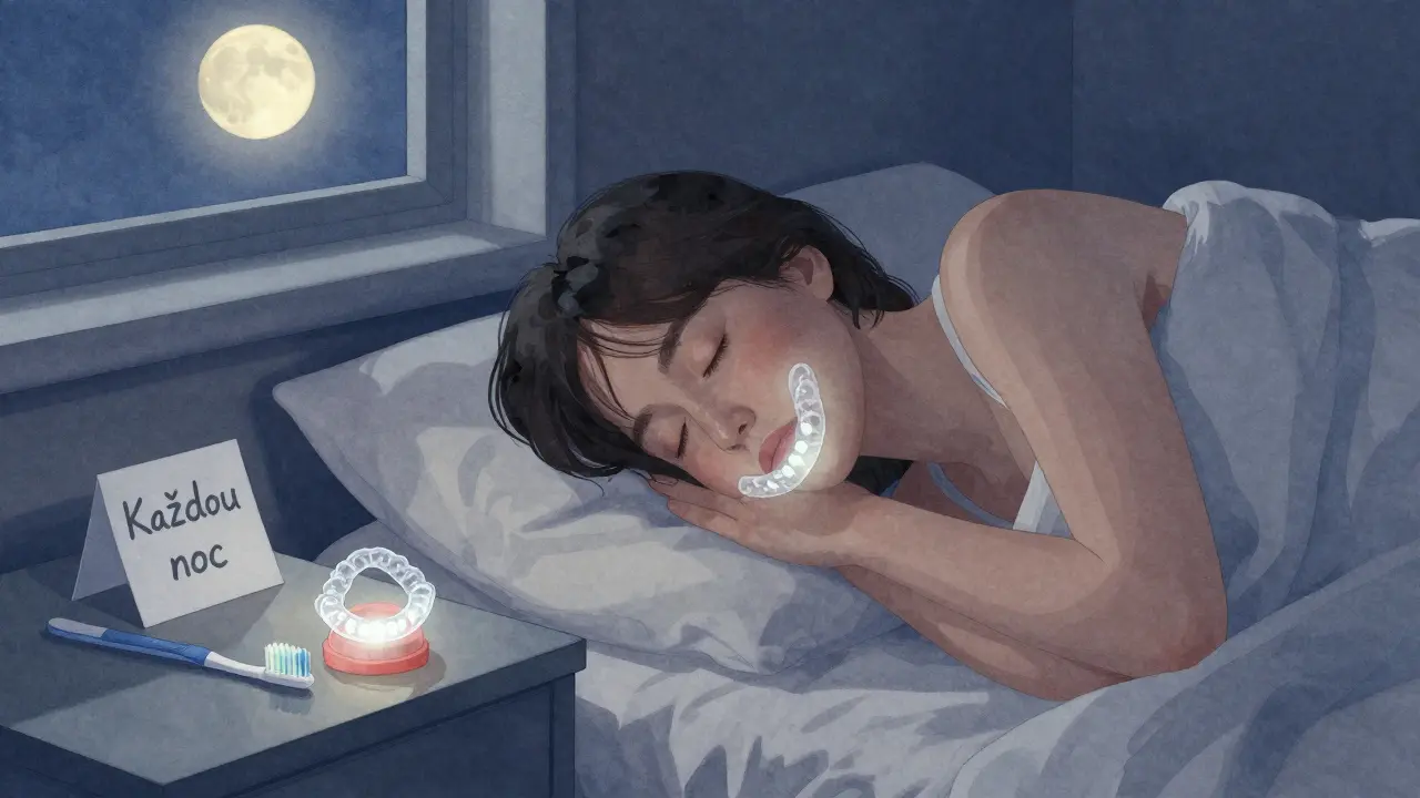 Člověk spí s průhledným držákem, na nočním stolku jsou kartáček a poznámka 'Každou noc'.