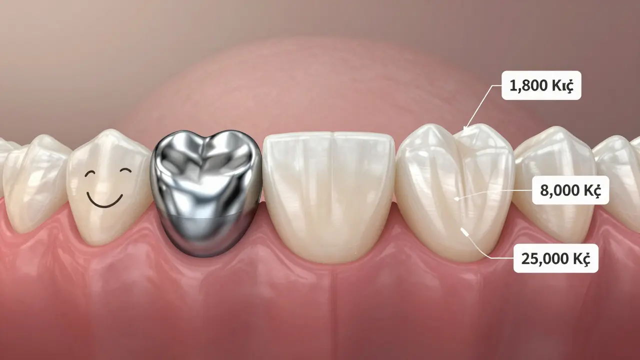 Comparison of dental fillings: silver amalgam, white composite, and zirconia crown.