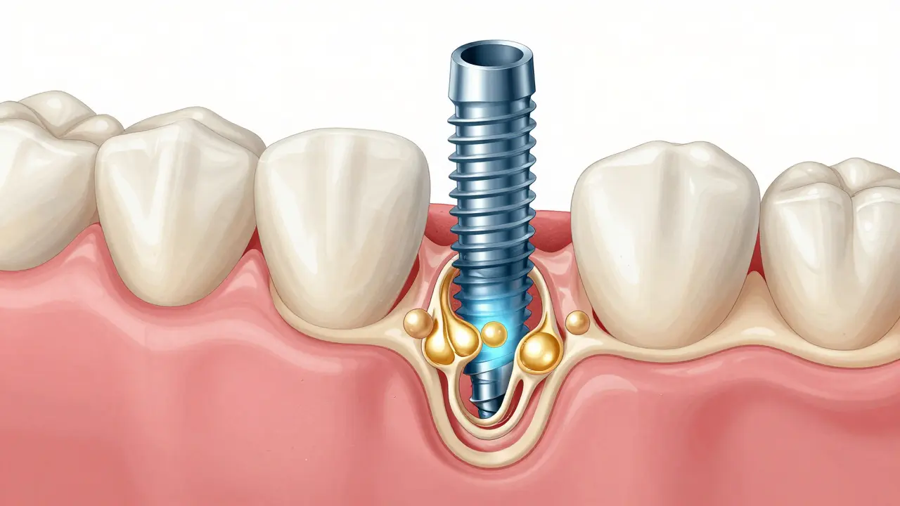 Cross-section of dental implant fusing with jawbone during osteointegration.