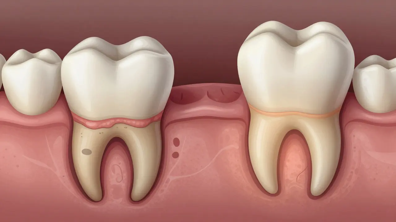 Cross-section of tooth showing periodontal pockets before and after cleaning.