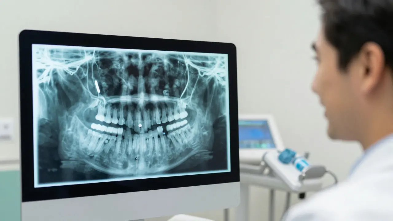Dentista prohlíží rentgen, který ukazuje úspěšné spojení implantátu s kostí.