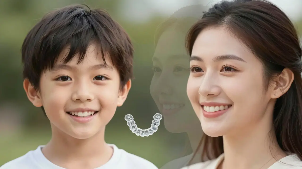 Dítě a dospělý nosí průhledné rovnátka a usmívají se, s tichými stíny jejich původního uspořádání zubů.