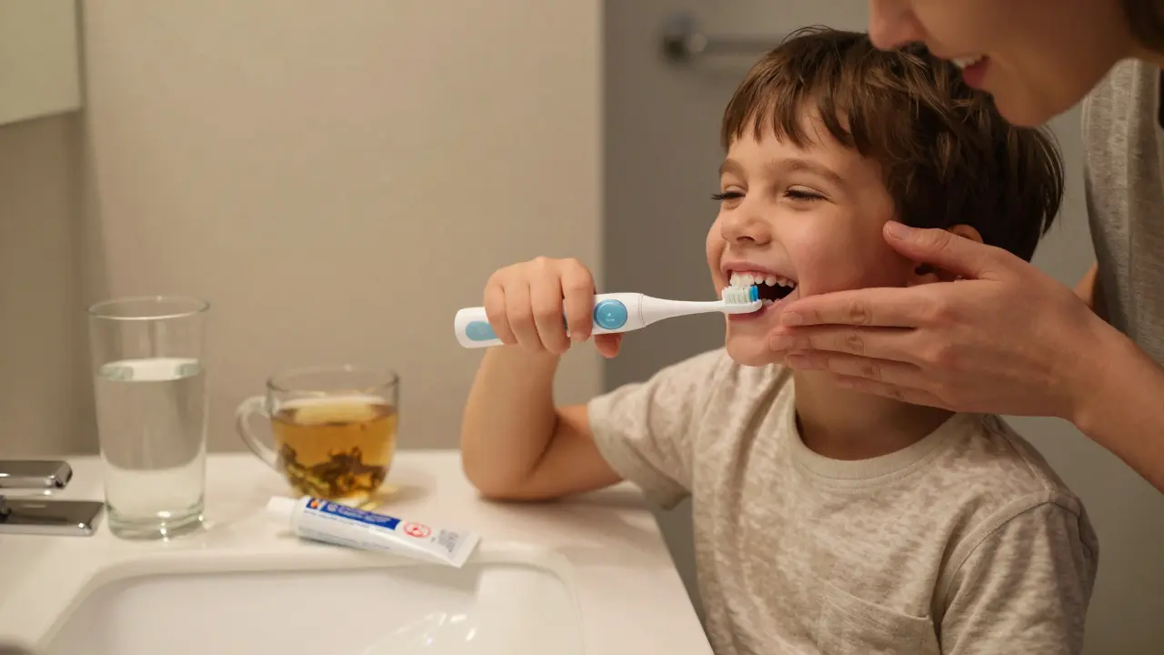 Dítě čistí zuby elektrickým štětečkem ve večerní rutině s čajem a olejem.