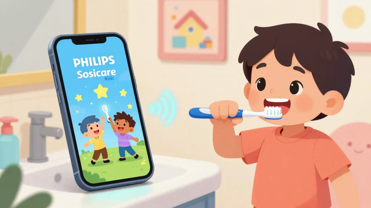 Dítě čistí zuby s kartáčkem pro děti, na obrazovce telefonu jsou animované odměny a zářící zuby.