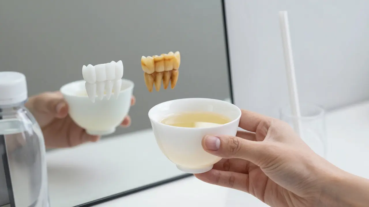 Dvě sady zubů v zrcadle: jedny bílé, druhé žlutavé, vedle nich čaj a voda.