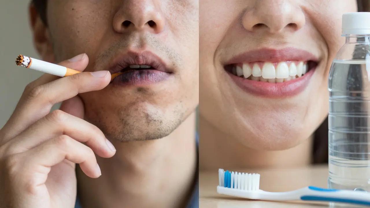 Dvě strany jedné osoby: jedna s kouřením a poškozenými dásněmi, druhá se zdravými dásněmi a zubní hygienou.