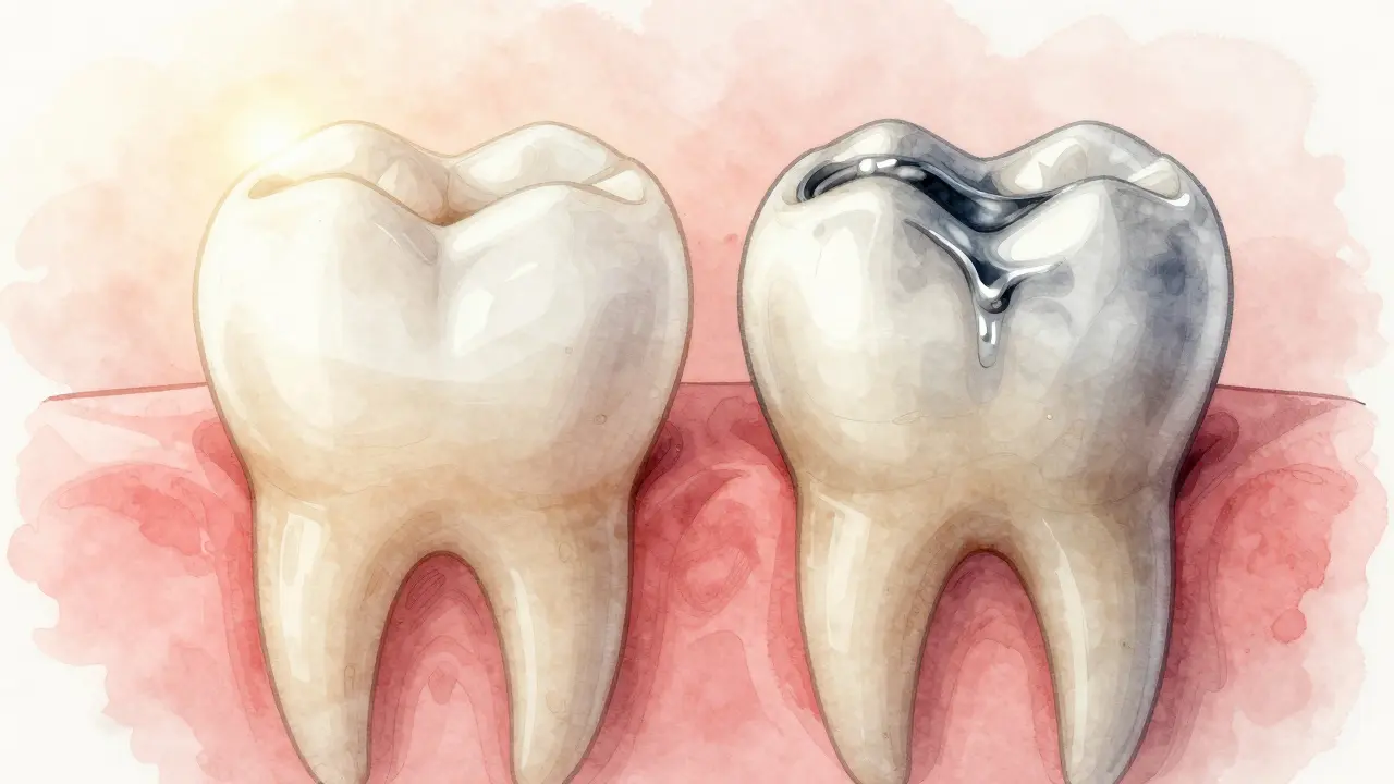 Dvě typy výplní: bílá kompozitní na předním zubu a stříbrná amalgamová na zadním zubu.