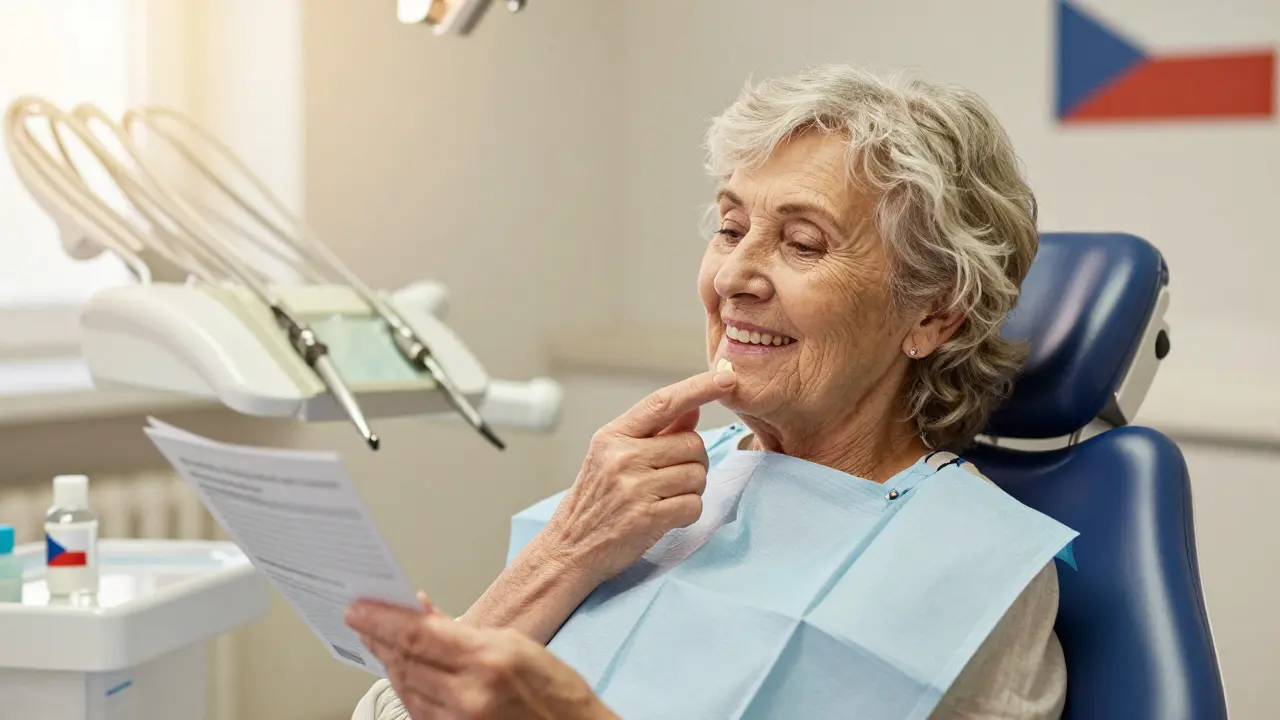 Elderly woman smiling after receiving ceramic teeth, golden light casting warmth in a dental clinic.