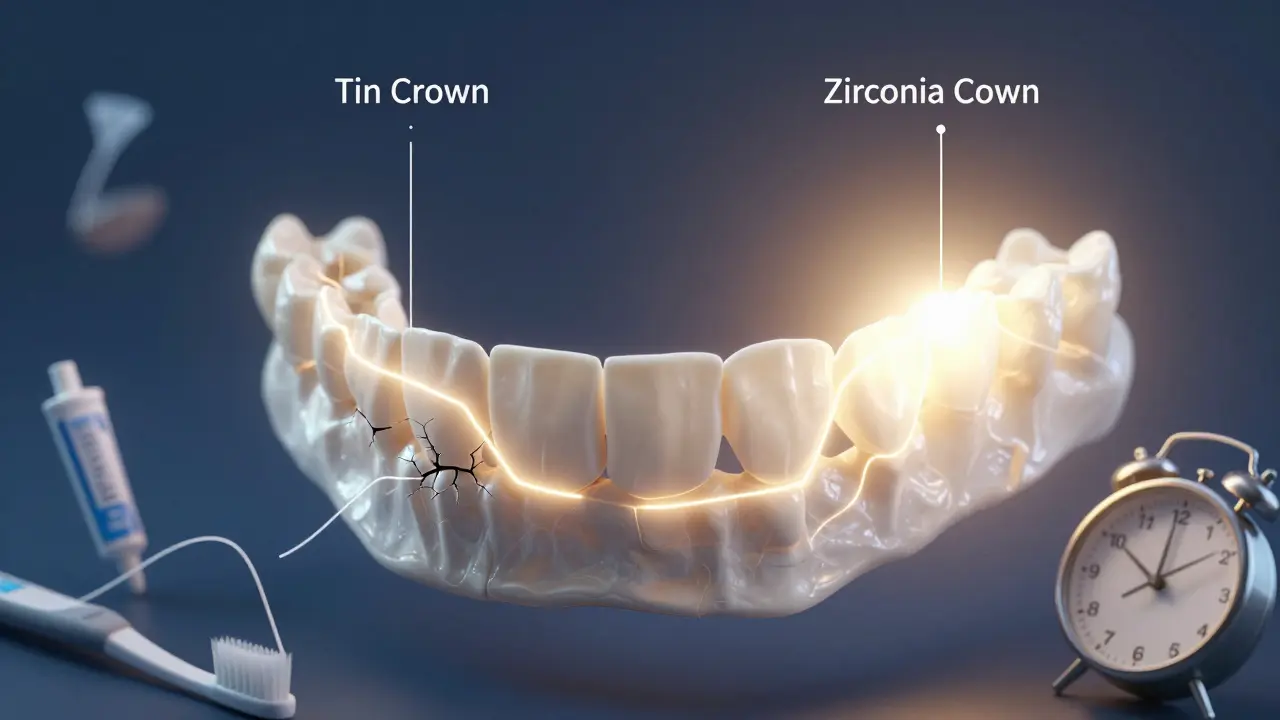 Glowing jawbone showing lifespan difference between tin and zirconia dental crowns over time.