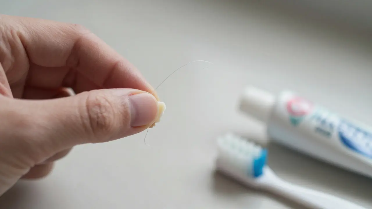 Jemné vložení zubní niti mezi zuby s viditelným plakem, vedle interdentální kartáček.