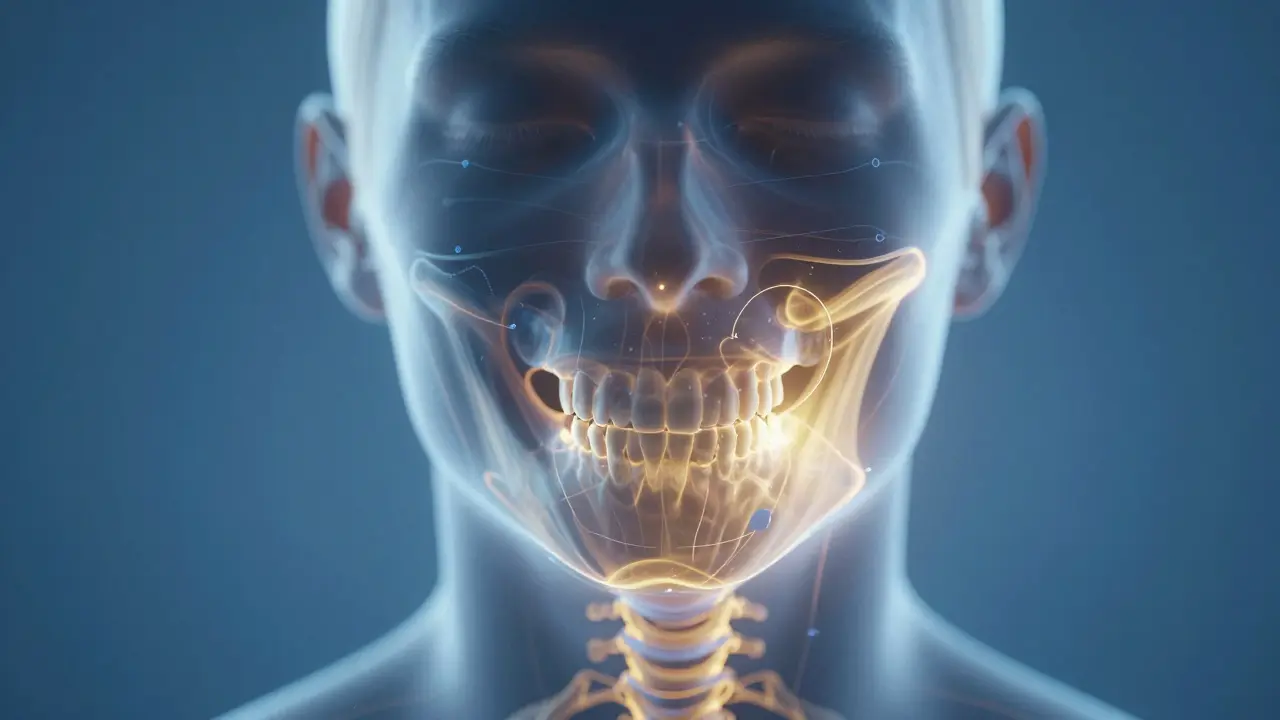 Kombinace obličeje a kosterních struktur symbolizující funkční obnovu po operaci.