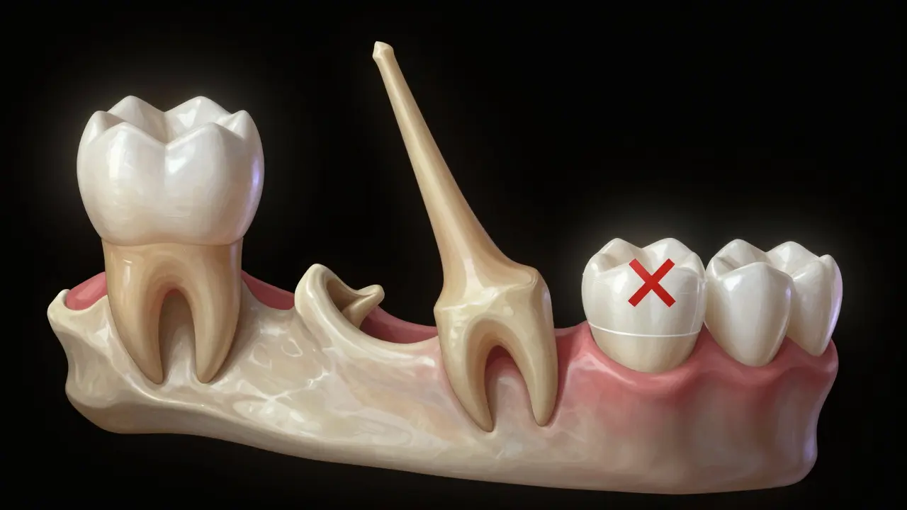 Kost čelisti s různými fázemi růstu zubů a tenkou keramickou fazetou, která je umístěna příliš brzy.