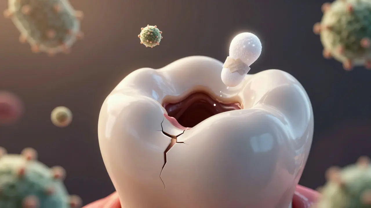 Křehký zub s rozšiřující se dírou, kterou opravuje světlá výplň, symbolizující časné léčení.