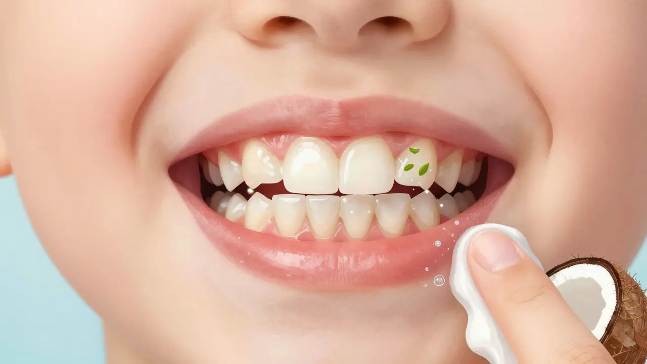 Křížový řez úst dítěte s měkkým plakem a přírodními látkami bojujícími proti bakteriím.